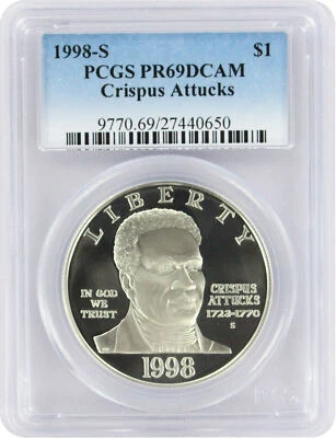 1998-S Black Patriot Crispus Attucks Silver Commemorative Dollar PR69DCAM PCGS - Image 1 of 2