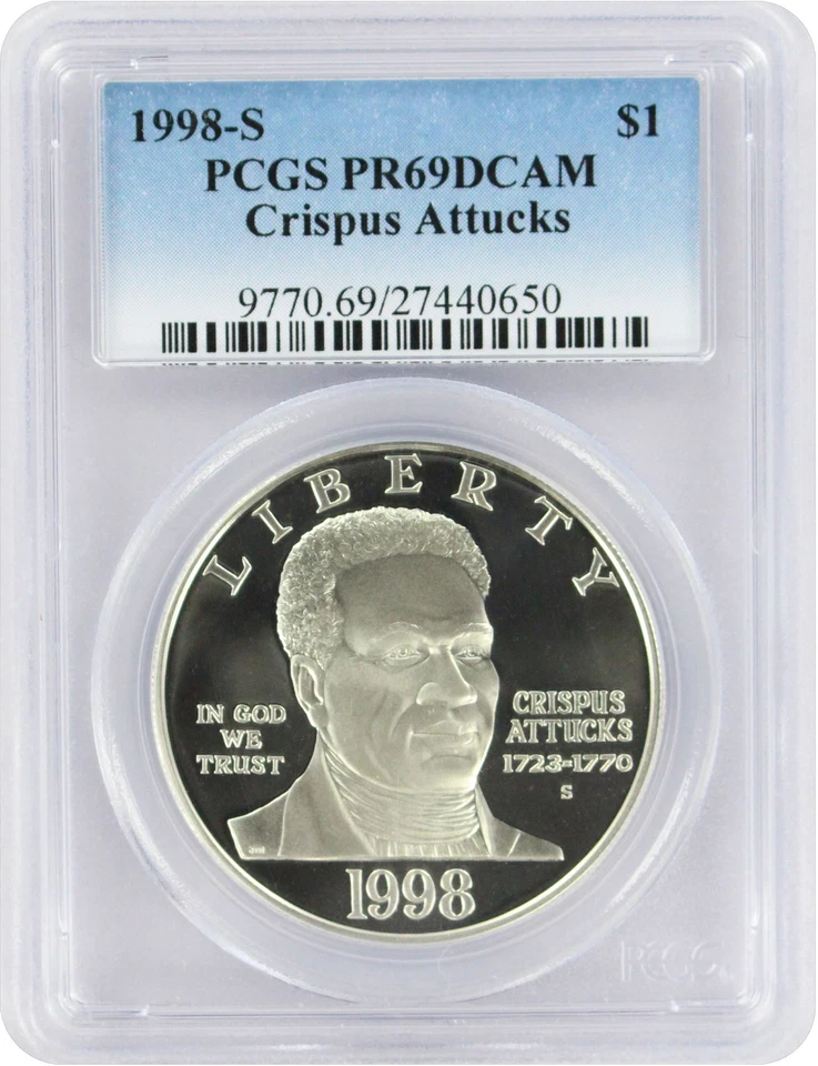 1998-S Black Patriot Crispus Attucks Silver Commemorative Dollar PR69DCAM PCGS - Image 1 of 2