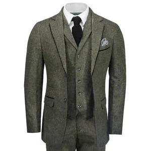 Tweed 3 Piece Suit for Mens Vintage Green Herringbone 1920s Classic Tailored Fit - Picture 1 of 8