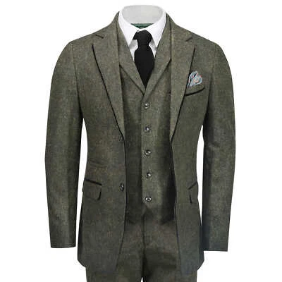 Tweed 3 Pièce Costume pour Hommes Vintage Vert en Épi 1920s Classique sur Mesure - Photo 1/4