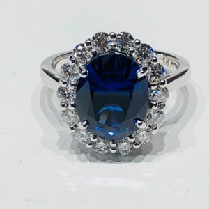 Boda y anillo de diamantes de zafiro natural de corte ovalado de 3,94 quilates de oro blanco de 14 quilates talla 7,5 - Imagen 1 de 10