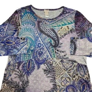 Chico's Tunic Top Women's 2 Blue Cool Paisley Button Sleeve Blouse - Picture 1 of 12