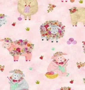 KNITTING SHEEP PINK Cotton Print by TIMELESS TREASURES BTY - Picture 1 of 1