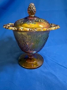 Vintage Amber Glass Lidded Compote Glass "HARVEST GRAPE" Candy Dish - Picture 1 of 8