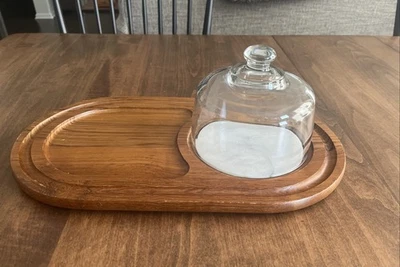 Plato de mármol vintage de teca maciza y vidrio para servidor de queso de delfín mediados de siglo Foto 1 de 4