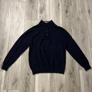LL Bean blauer Herrenpullover aus 100 % Lammwolle mit Viertelknöpfen Größe Large - Bild 1 von 7