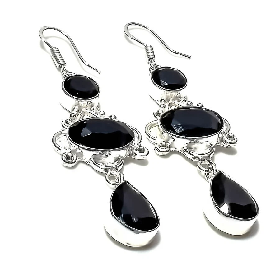 Black Spinel Gemstone 925 Sterling Silver Handmade Jewelry Earring Sz 2.60" - Image 1 of 1