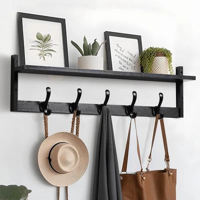 29” Black Wall Mounted Coat Rack with Shelf | 5 Hooks Rustic Entryway - Image 1 of 4