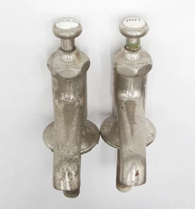 Pair of Antique Nickel Brass Hot & Cold Faucets - Picture 1 of 9