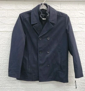 New Kenneth Cole Legacy Double Breasted Wool Peacoat W/Rib Knit Bib Coat Navy M - Picture 1 of 7