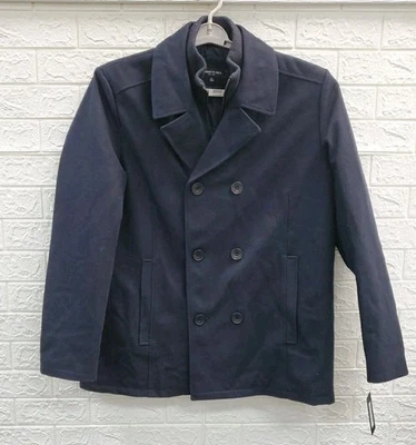 New Kenneth Cole Legacy Double Breasted Wool Peacoat W/Rib Knit Bib Coat Navy M - Image 1 of 4