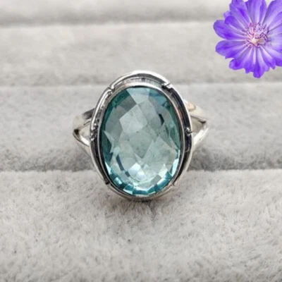 Blue Topaz Gemstone 925 Sterling Silver Handmade Jewelry Ring Gift For Her - Image 1 of 4