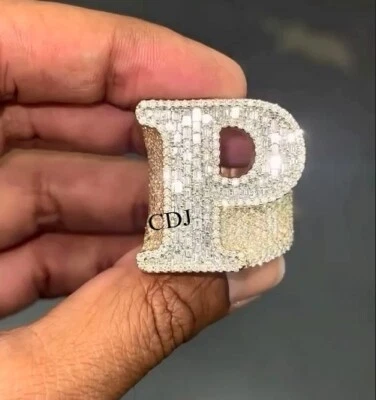 Round & Baguette D/VVS Moissanite Men's Customized ' P ' Letter Ring 925 Silver - Image 1 of 4