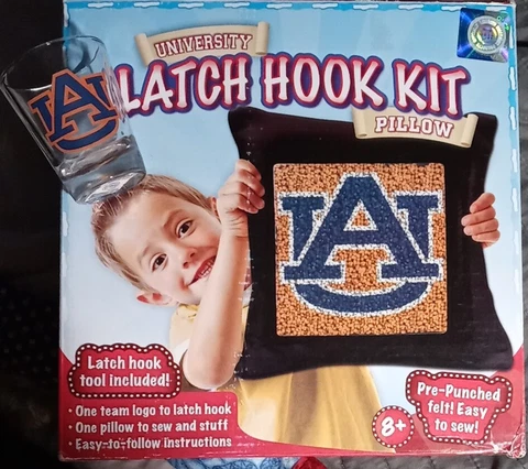 Pages Crafts Auburn University Tigers Logo Latch Hook Pillow Kit + AU Shot Glass Cover