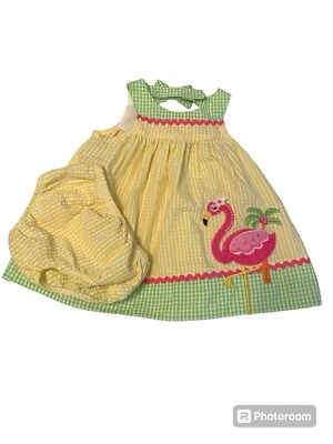 Эмили Роуз SEERSUCKER розовый фламинго платье желтый зеленый 12 Mo горошек банты 🦩 - Изображение 1 из 3