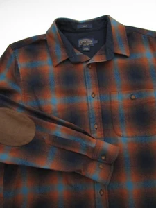 Mens Large Pendleton Trail Shirt wool elbow patch shadow plaid orange blue - Picture 1 of 7