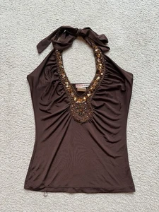 Georgiou Studio Vintage Perlen Pailletten Neckholder Tank Top Braun Kupfer Cinched XS - Bild 1 von 9