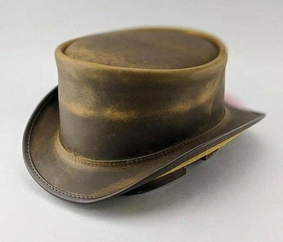 Sombrero de copa de cuero marrón envejecido - Estilo Sombrerero Loco Vaquero Steampunk Foto 1 de 3