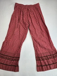 Bohemian Wide-Leg Pants With Elastic Waist Ethnic Patterns Size 14 Cotton Linen - Picture 1 of 4