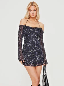 Princess Polly Black Floral Mini Dress Size S Halter Off Shoulder Y2K Style - Picture 1 of 6