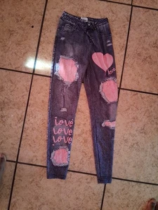 Shein Leggings that look like Jeans with pink and that says love on them 8y - Picture 1 of 2
