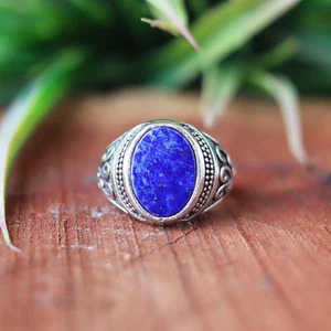 Blue Lapis Lazuli Ring, 925 Sterling Silver Ring, Designer Ring, Oval Blue Gemst - Picture 1 of 10
