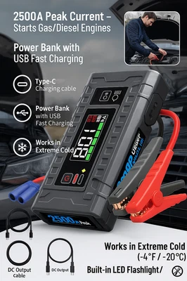 Portable Car Jump Starter 2500A Battery Charger SuperSafe 12V Lithium Jump Box Foto 1 de 4