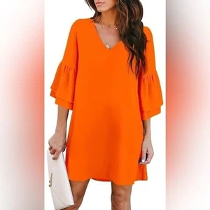 Belongsci Women's 2023 Summer Dress Sweet & Cute V-Neck Bell Sleeve Shift Dress - Picture 1 of 6