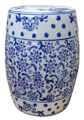 Oriental Chinese Blue & White Blossom Catkins Floral Porcelain Stool Table - Image 1 of 4