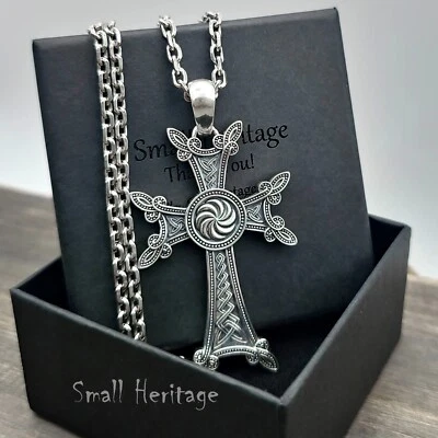 Large Armenian Cross Necklace 925 Sterling Silver Apostolic Eternity Pendant Men - Image 1 of 4