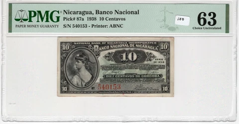 Nicaragua 1938 10 Centavos PMG Certified UNC Choice 63 Pick 87a ABNC Cover