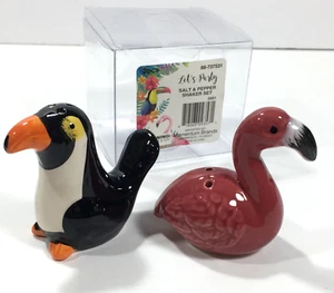 TOUCAN & PINK FLAMINGO Salt & Pepper Shaker Set Ceramic Figural NEW IN BOX 2001 - Picture 1 of 11