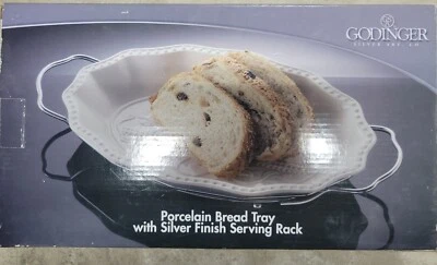 GODINGER Porcelain Bread Tray w Silver Finish Serving Rack NIB BLESS THIS HOME - Image 1 of 4