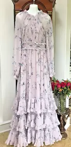Mac Duggal NEW Floral Print Tiers Ruffle Long Sleeve Chiffon Gown Sz 6 Lavender - Picture 1 of 23
