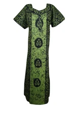 Boho Green Maxi Kaftan Dress Batik Print Cotton Button Front Cap Sleeves Caftan 