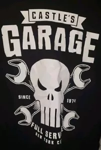 MARVEL PUNISHER CASTLE'S GARAGE BLACK SHORT SLEEVE MENS T SHIRT SKULL S SMALL - Picture 1 of 1