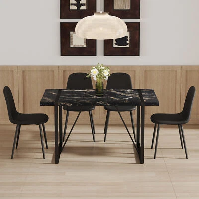 5PCS Home Table & Chairs Set Black Marble Pattern Dining Table with 4pc PU Chair - Image 1 of 4
