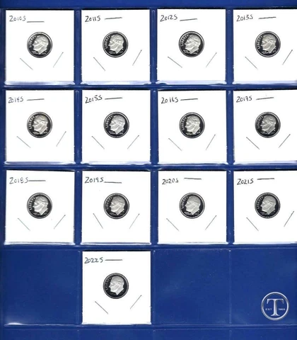2010 - 2022 S Clad Proof Roosevelt Dime Set-Gem Proof-IN STOCK-13 Proof Dimes Cover