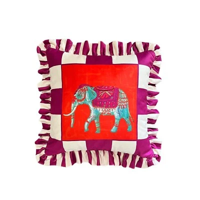 Elephant Pattern Throw Pillow For Couch - Purple Velvet Ruffled Cushion Cover - Image 1 of 4