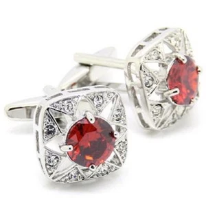 Red Round Crystal Square Pair Cufflinks Wedding Fancy Gift Box & Polishing Cloth - Picture 1 of 4