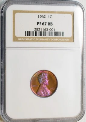1962-P NGC PF 67 RB - LINCOLN MEMORIAL BRIGHT COLORFUL TONED RAINBOW ** - Image 1 of 4