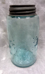 Vtg Blue MASON'S Patent Nov. 30th 1858 Quart Jar with ATLAS Zinc Cap Lid - Picture 1 of 13
