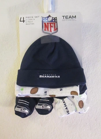 NWT Gerber NFL Seattle Seahawks Newborn 4-Piece Set 2 Caps & 2 Pair Booties 0-6M Cover