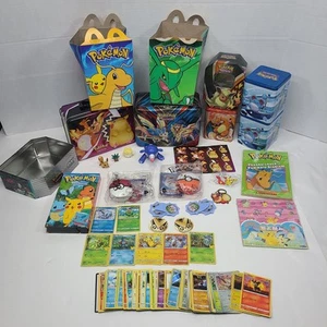 Pokemon Mix Lot Storage Tin Bins TGF Cards & McDonald's Figures Book VHS Sticker - Picture 1 of 24