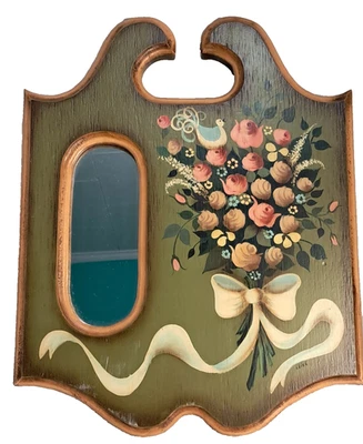 Vintage Wooden Hand Painted Floral Design Wall Mirror Signed Ilich 14"L 11 1/4"W - Image 1 of 4