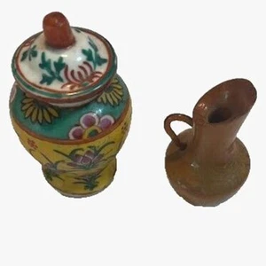 Vntg Miniature Wooden Floral Painted Ginger Jar & Western Juniper Wood Pitcher - Picture 1 of 5