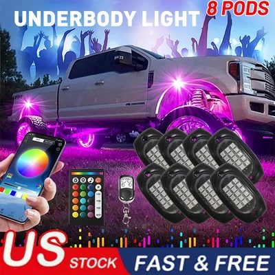 8x Pod RGB LED Rock Light Underbody Neon Glow Lamp Kit Bluetooth Control Music - Image 1 of 4