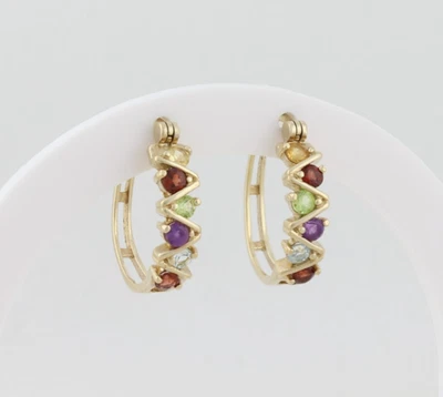 18k Gold Over Sterling Silver Natural Multi Gemstone Hoop Earrings 7/8" Hoops - Image 1 of 4