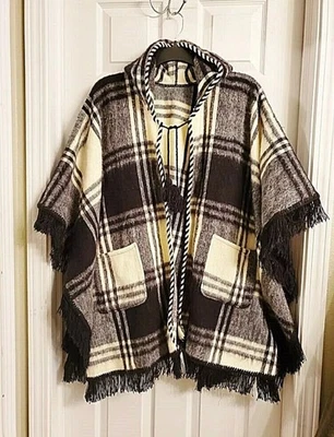 NWOT Black & White Plaid Hoodie Poncho Genuine Ecuadorian Wool - Image 1 of 4