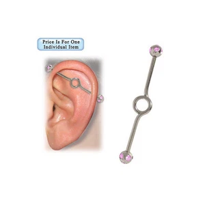 Spiral Surgical Steel Industrial Barbell with Pink Jewels - Picture 1 of 1